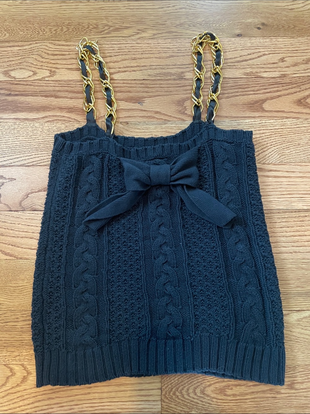 Chelsea & Theodore Black Cable-Knit Bow Camisole with Gold Chain Straps